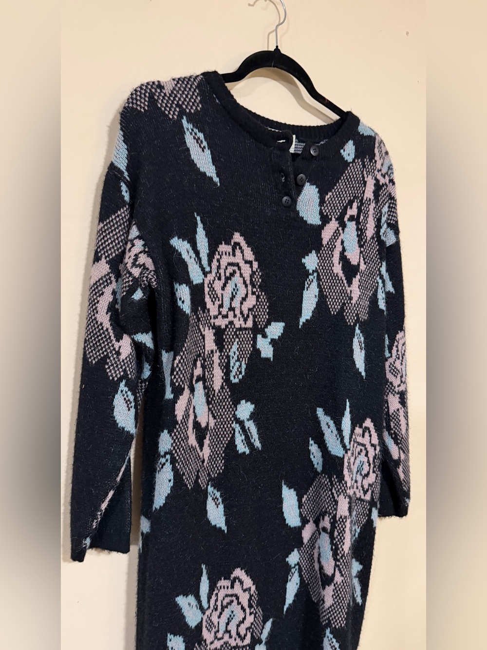 Vintage Algo-Ettes Black Floral Knit Sweater Dress